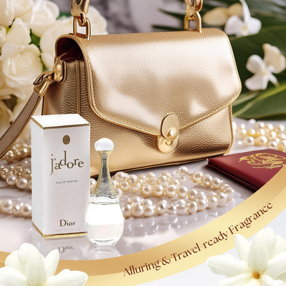 Dior J'adore mini splash base notes scene hints at warmth with woods and vanilla for subtle longevity.