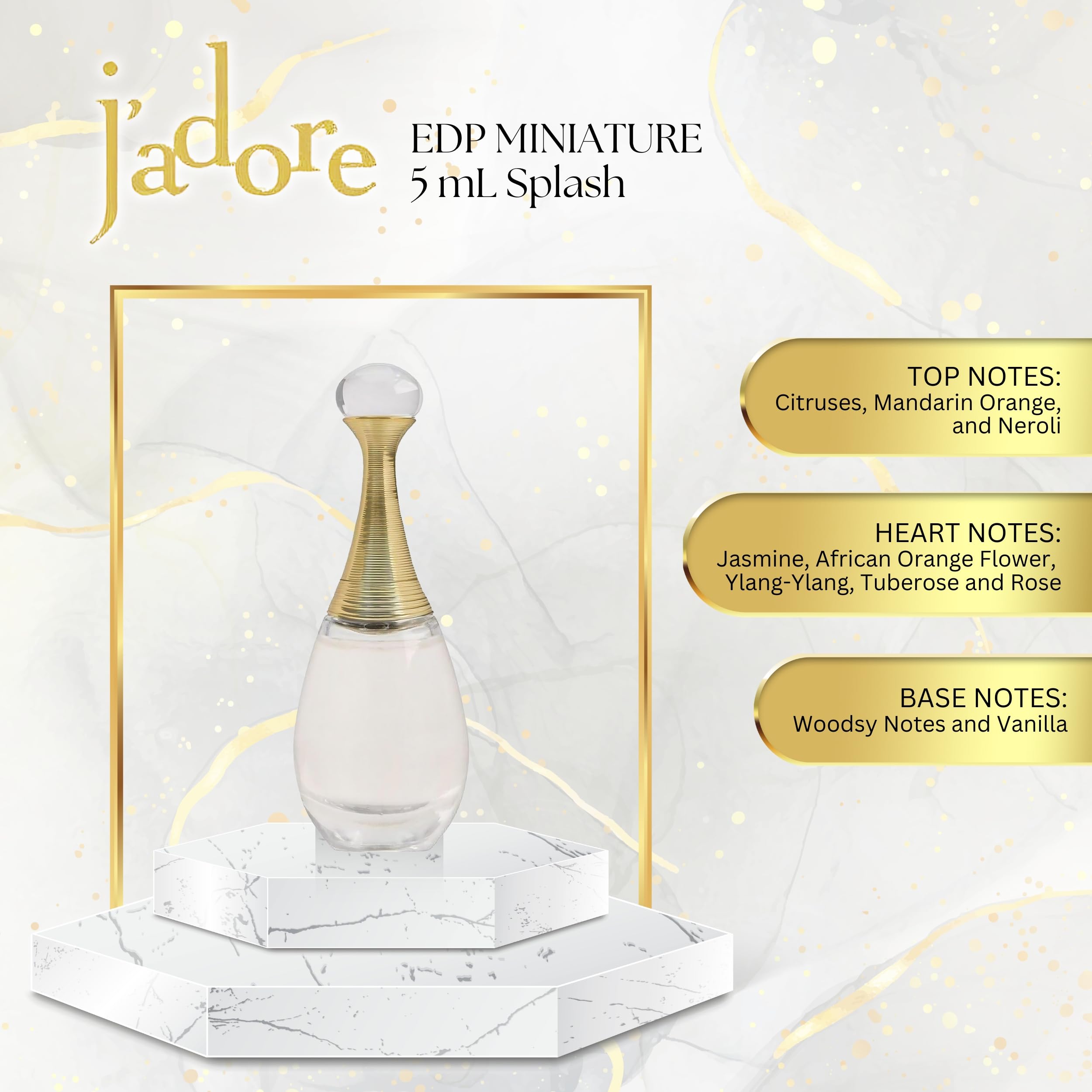 Dior J'adore mini splash middle notes image captures lush florals for an elegant bouquet vibe.