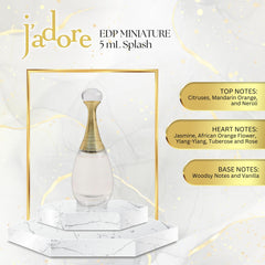 Dior J'adore mini splash middle notes image captures lush florals for an elegant bouquet vibe.