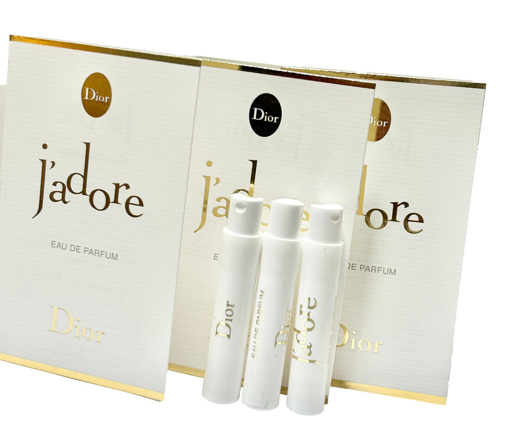 Dior J'adore sample bottle shows portable 1.2ml size for on-the-go fragrance.