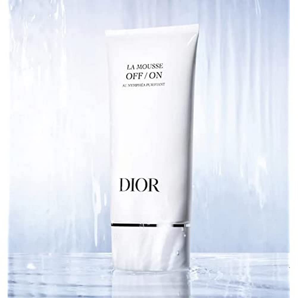 Dior La Mousse Off/On cleanser bottle on sink supports clean pores and hydrated skin.