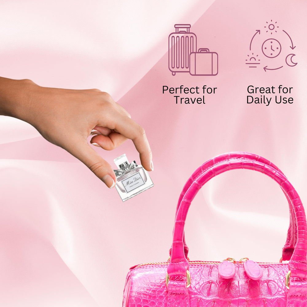 Miss Dior Rose N' Roses bottle with ribbon emphasizes premium presentation.