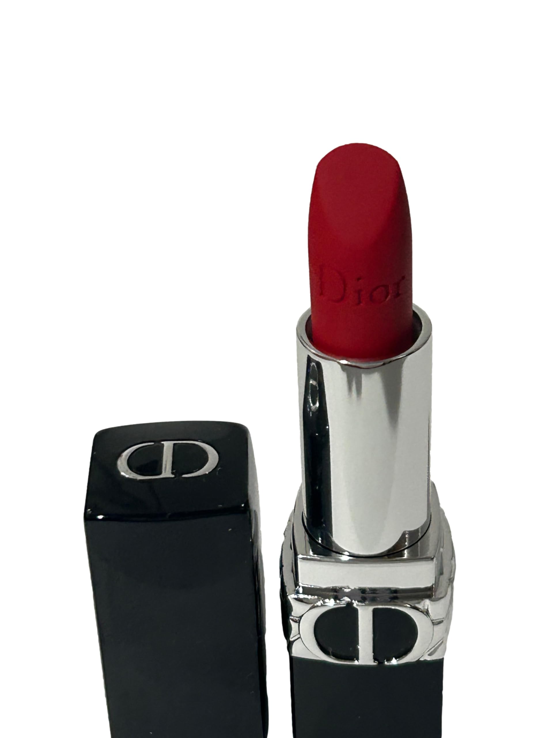 Dior Rouge Lipstick 999 Matte swatches on skin show shade payoff.