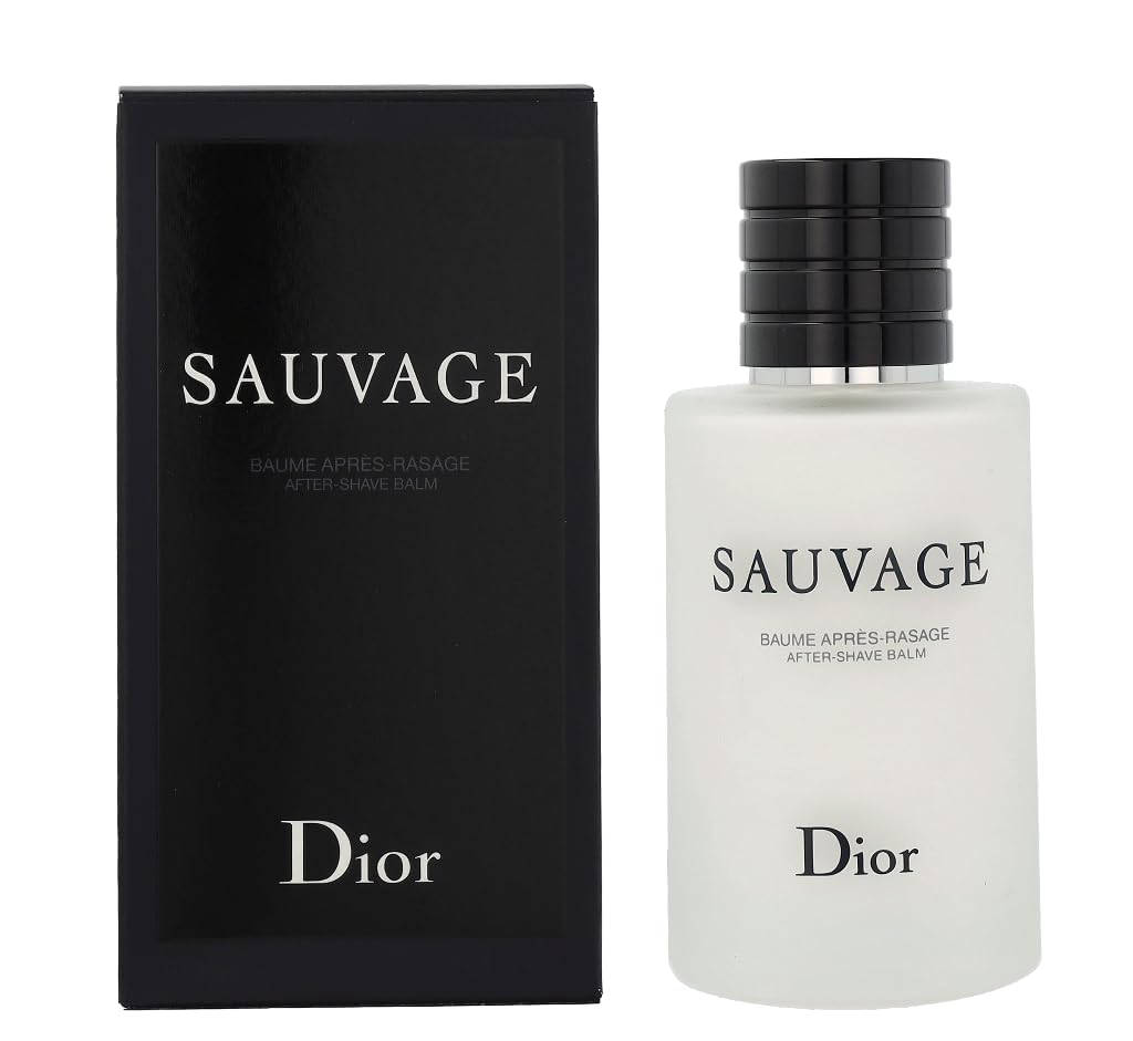 Dior Sauvage After Shave Balm bottle highlights premium fragrance and soothing formula for refreshed skin.
