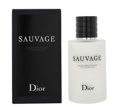 Dior Sauvage After Shave Balm bottle highlights premium fragrance and soothing formula for refreshed skin.