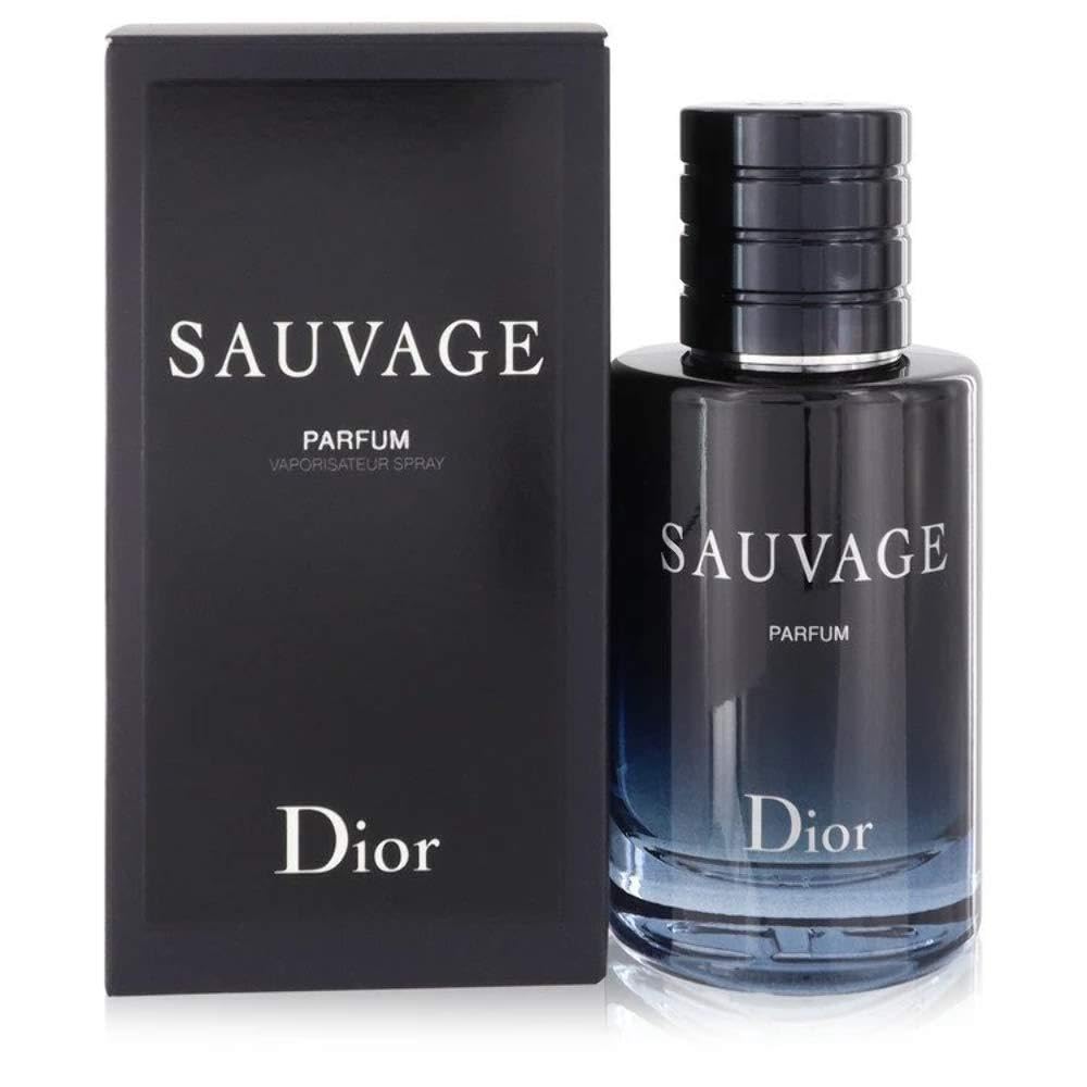 Dior Sauvage Parfum Spray 2oz bottle and sprayer in use demonstrates easy application.