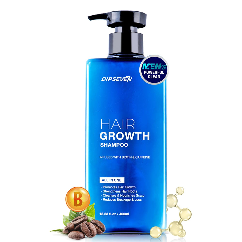 Dipseven Biotin Hair Growth Shampoo bottle shows root-activating cleansing for thicker-looking hair.
