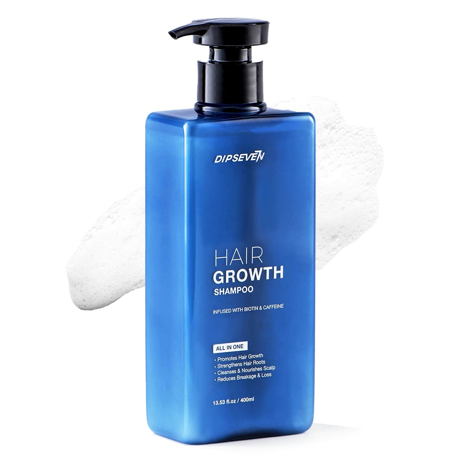 Dipseven Biotin Hair Growth Shampoo clean scalp view emphasizes renewed look and resilience.