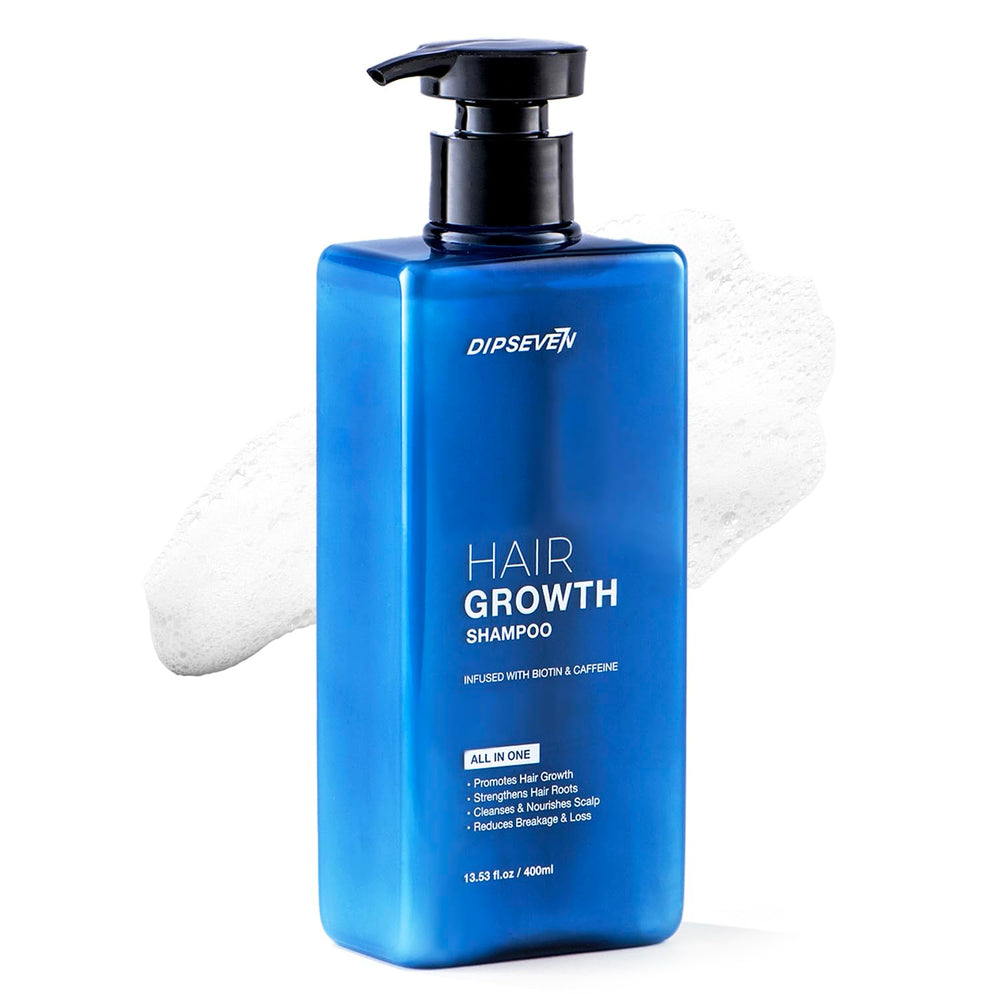 Dipseven Biotin Hair Growth Shampoo clean scalp view emphasizes renewed look and resilience.