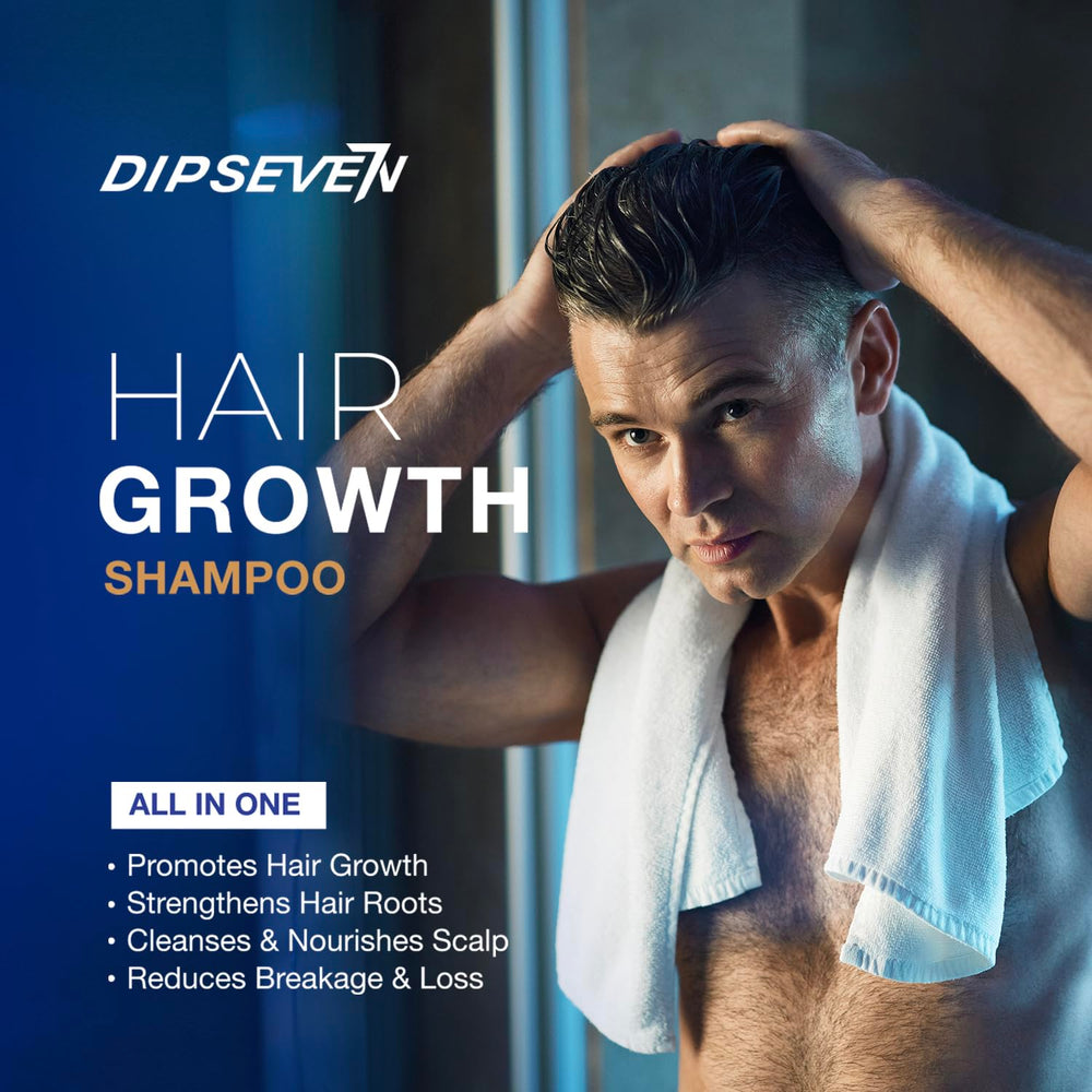 Dipseven Biotin Hair Growth Shampoo shows rosemary and ginseng hinting at herbal vitality.