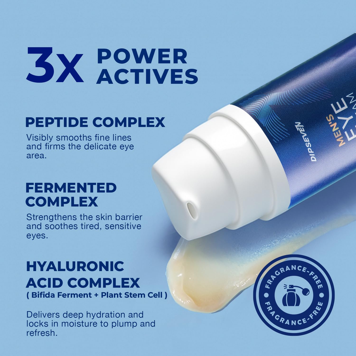 DIPSEVEN men's eye cream application closeup highlights peptide blend for firmer under-eye area
