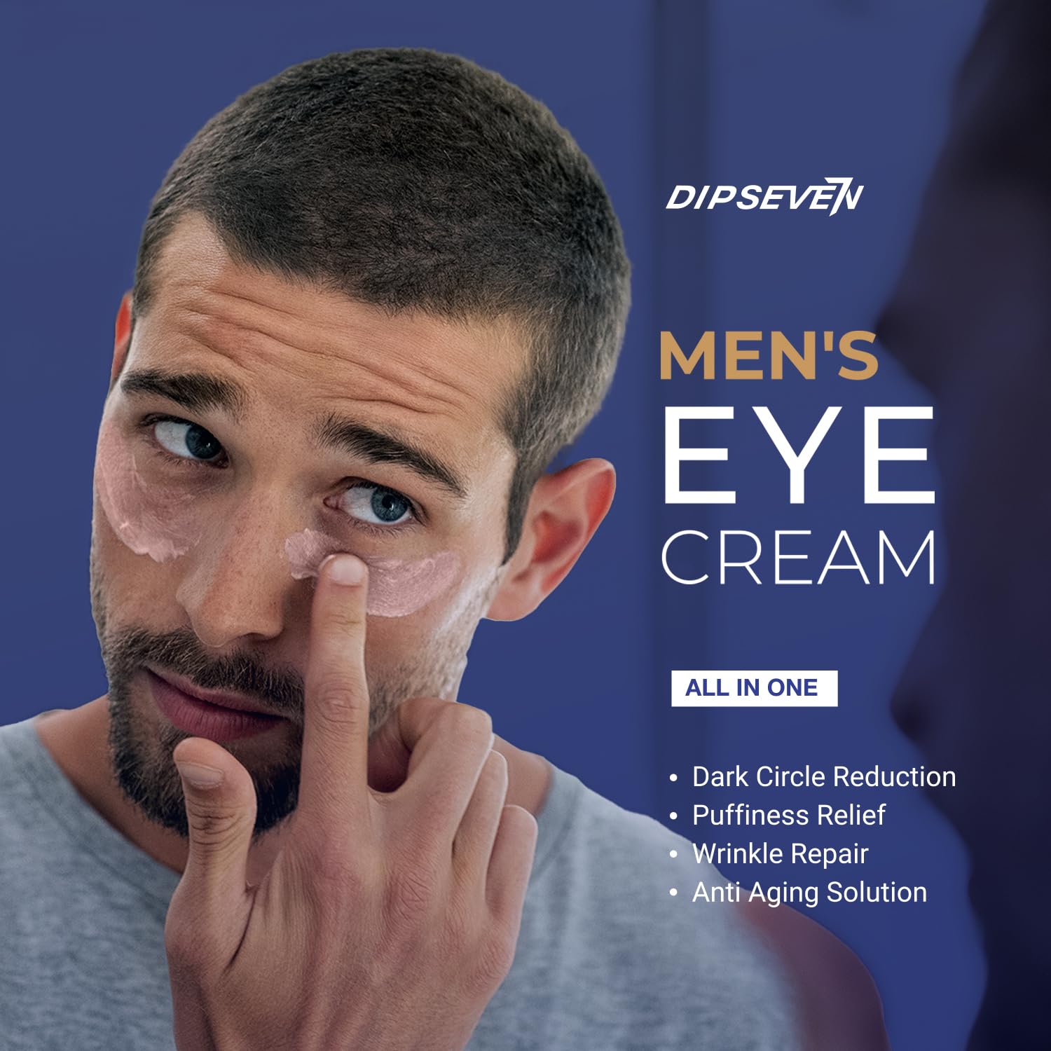 DIPSEVEN men's eye cream tube dispense shows easy application and puffiness relief