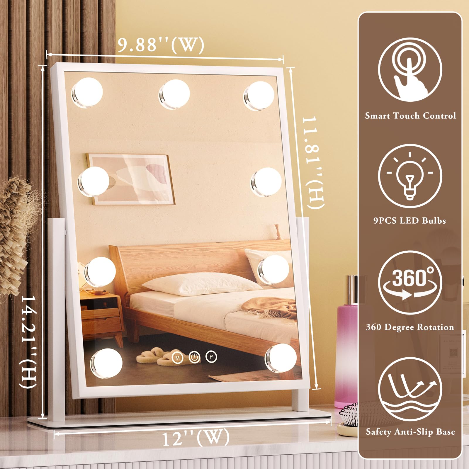 Dirket vanity mirror lights close up showing nine bulbs for bright illumination