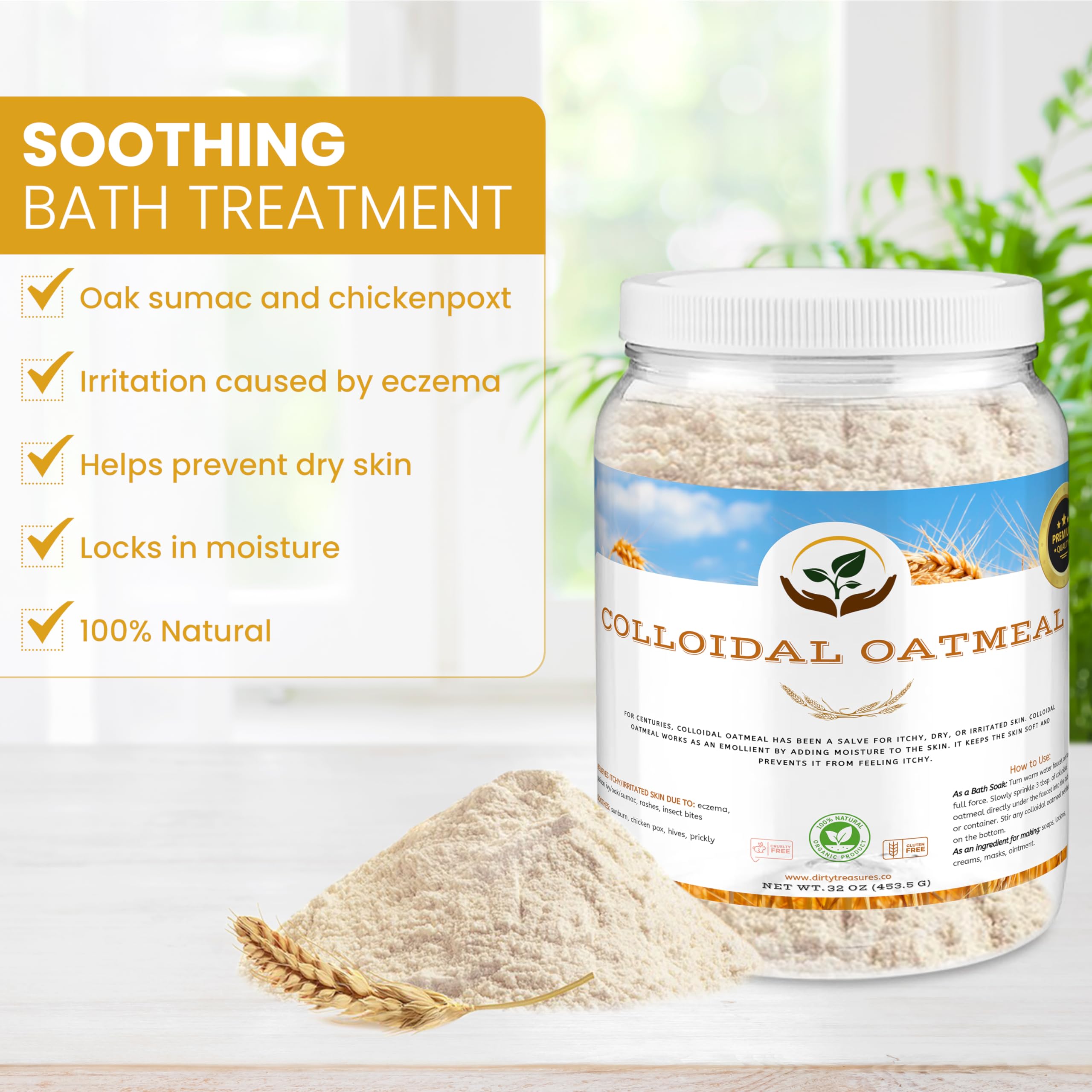 Dirty Treasures Colloidal Oatmeal Bath bath-scene shows gentle soak for irritated skin