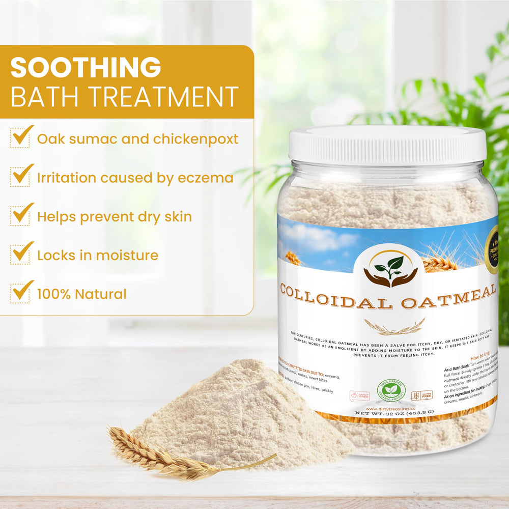 Dirty Treasures Colloidal Oatmeal Bath bath-scene shows gentle soak for irritated skin