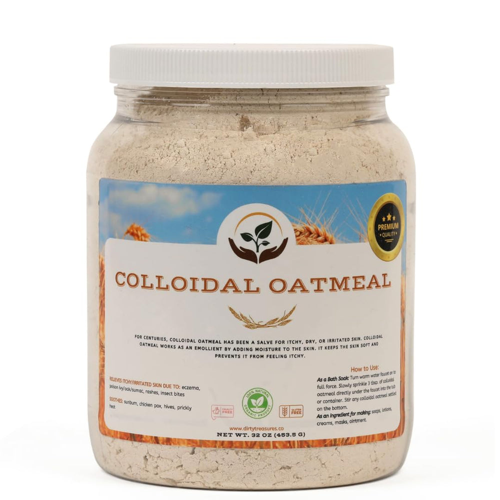Dirty Treasures Colloidal Oatmeal Bath bottle shows baby-safe soak for gentle skin relief