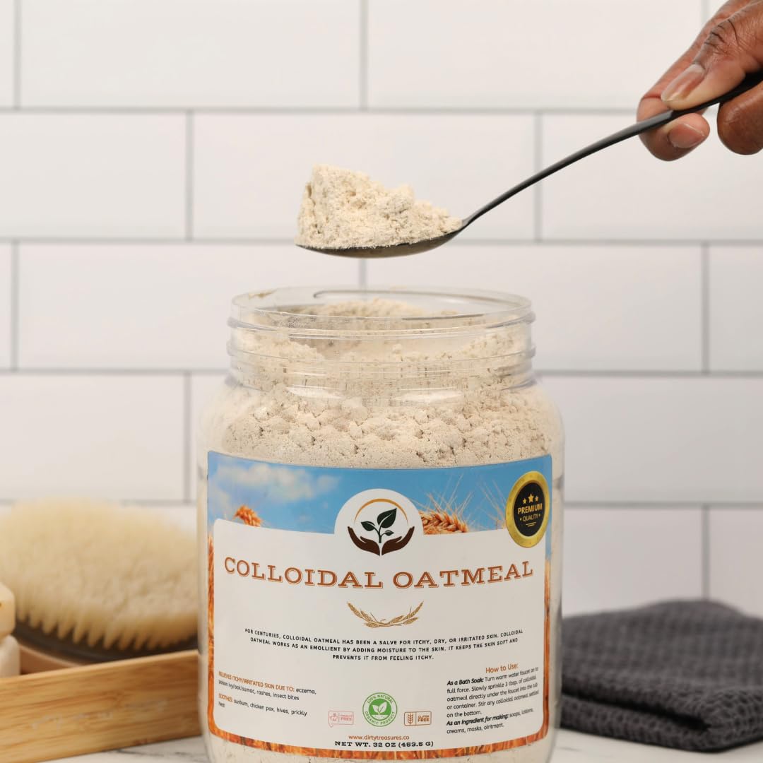 Dirty Treasures Colloidal Oatmeal Bath dispersion highlights ultra-fine oats for fast hydration