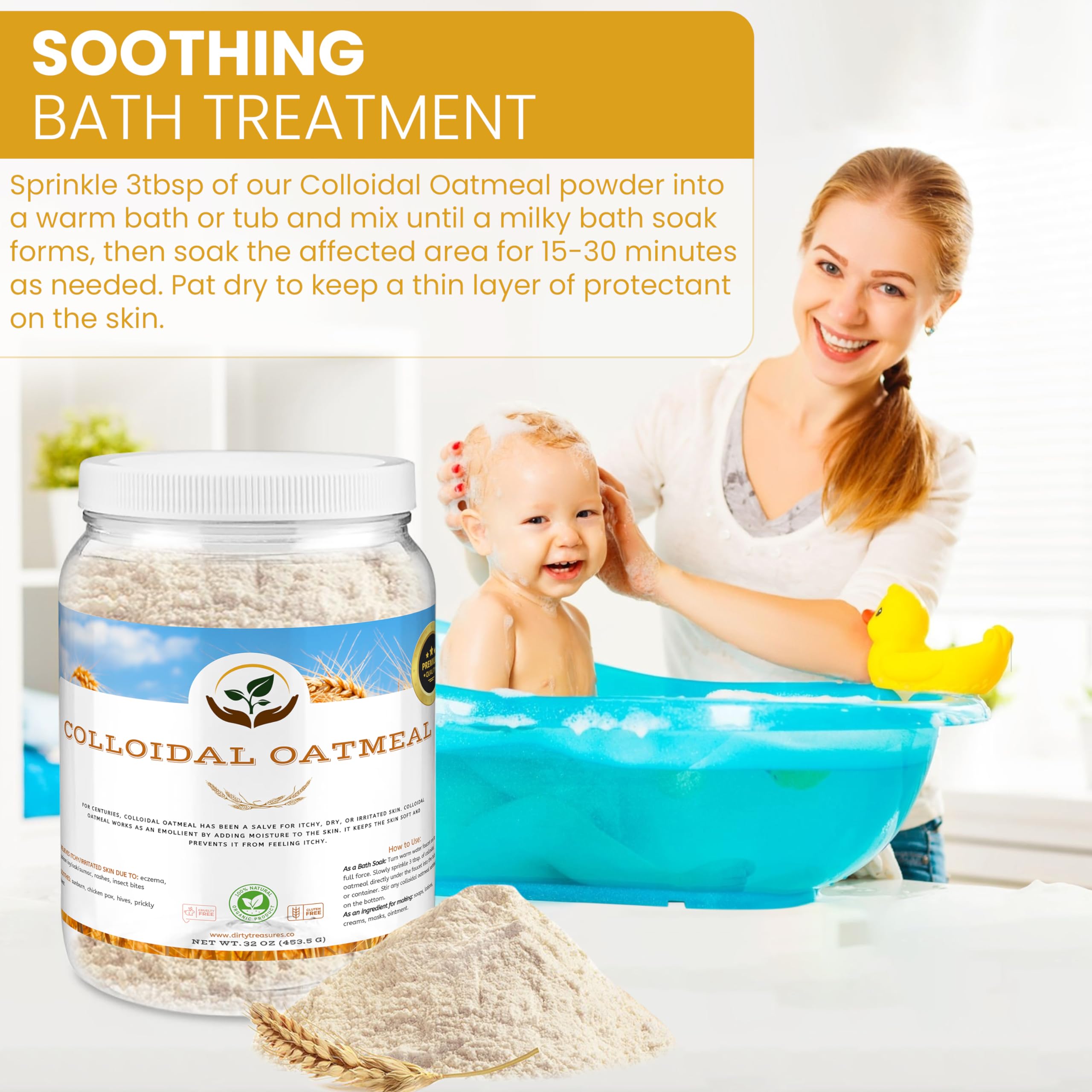 Dirty Treasures Colloidal Oatmeal Bath pour demonstrates easy bath prep for itchy skin