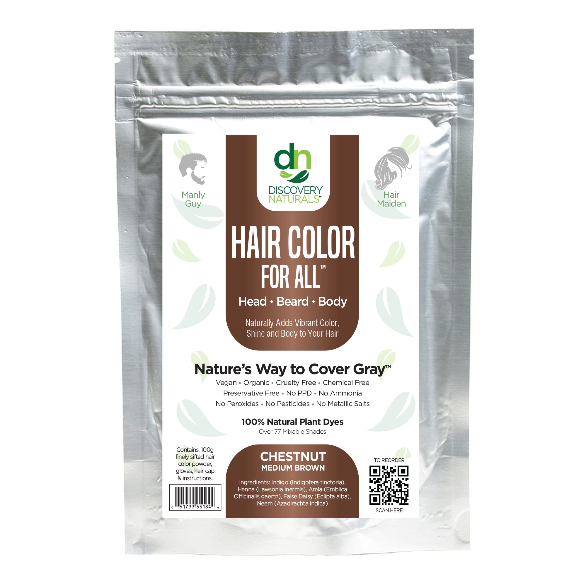 Discovery Naturals brown henna hair color kit packaging highlights vegan natural ingredients