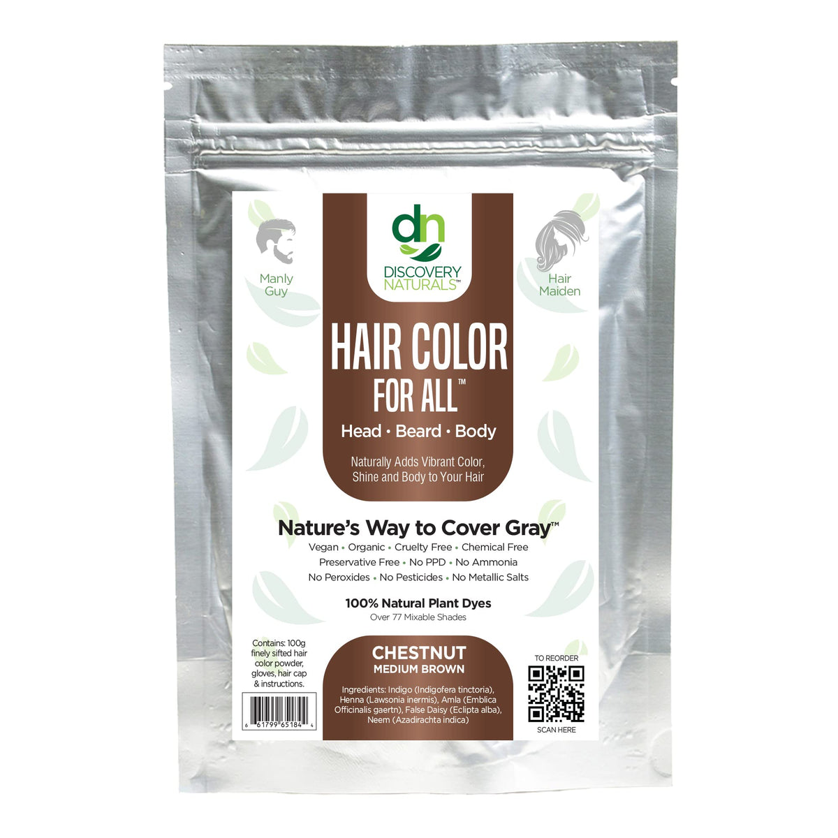 Discovery Naturals brown henna hair color kit packaging highlights vegan natural ingredients