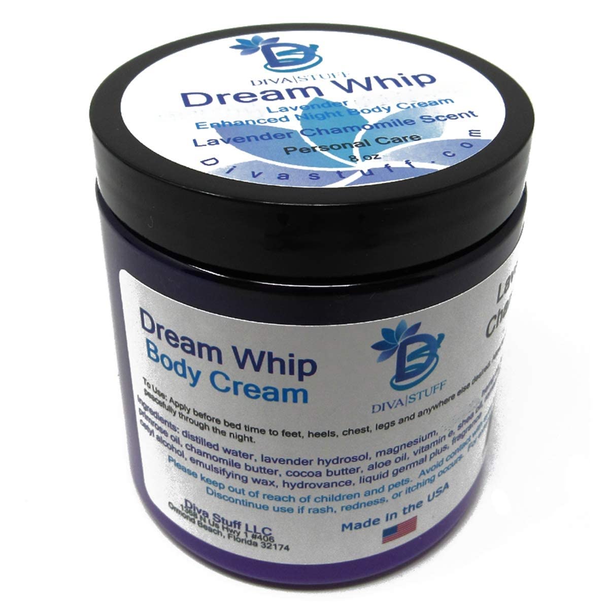 Diva Stuff Dream Whip night cream bottle highlighting lavender scent for relaxation.