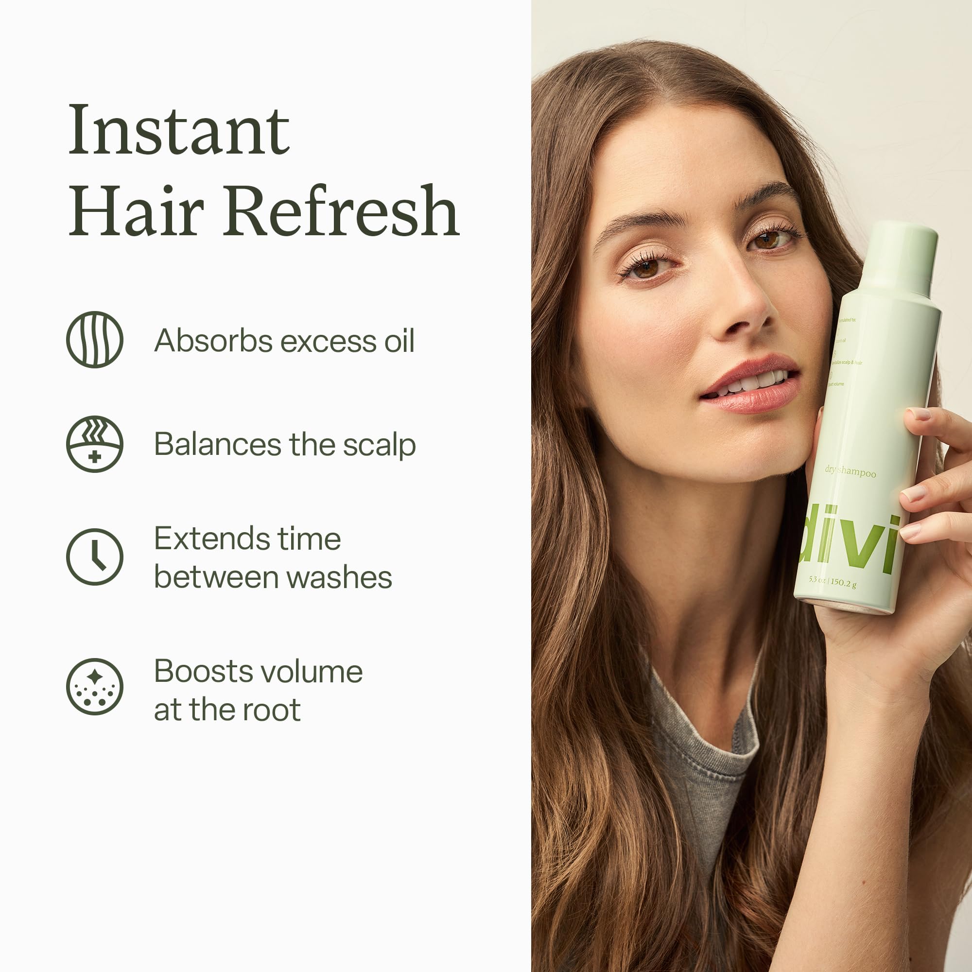 Divi dry shampoo application with nozzle demonstrates precise spray for quick refresh