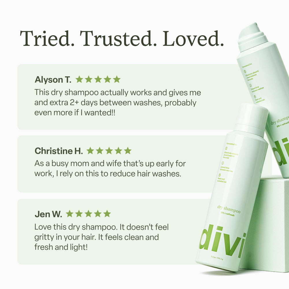 Divi dry shampoo oil-absorption closeup highlights lightweight, residue-free refresh