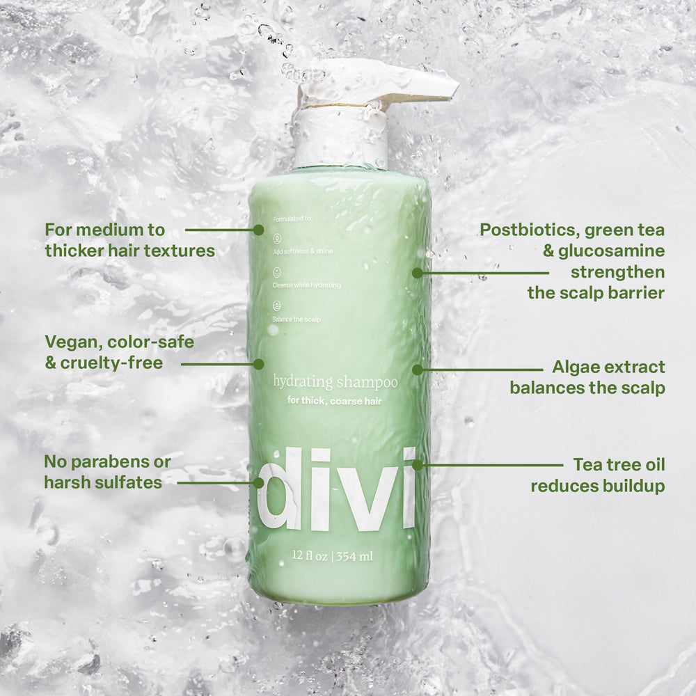 Divi Hydrating Shampoo betaine and jojoba oil for hydration and softness.