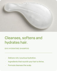 Divi Hydrating Shampoo foamy lather enriching hair with lightweight moisture.