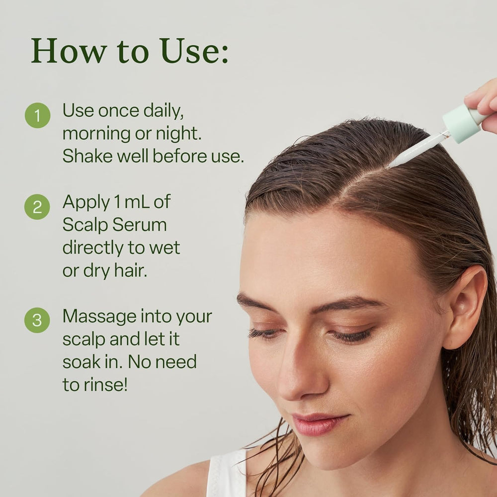 Divi scalp serum application demonstrates shake-before-use guidance.
