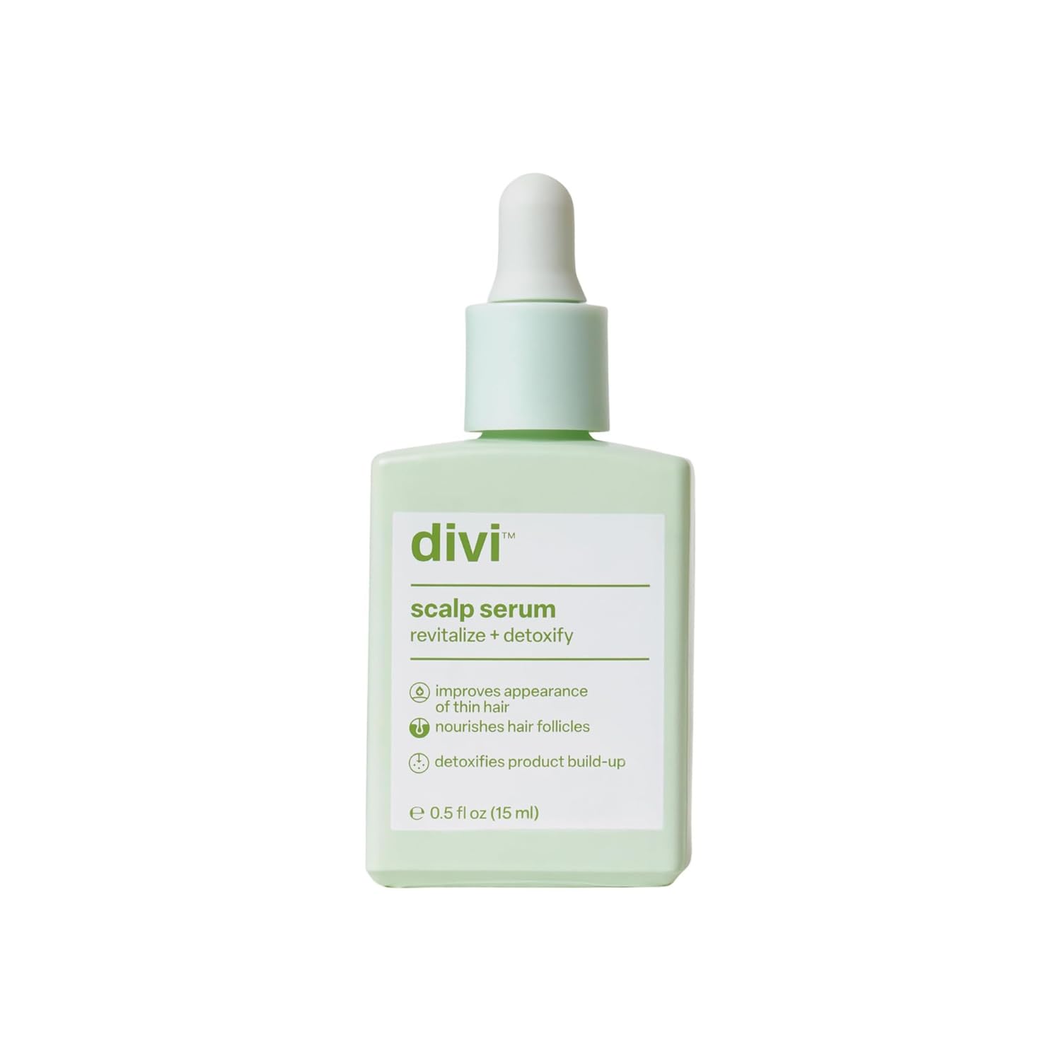 Divi Scalp Serum bottle close-up highlights nourishing formula for healthier scalp and fuller-looking hair