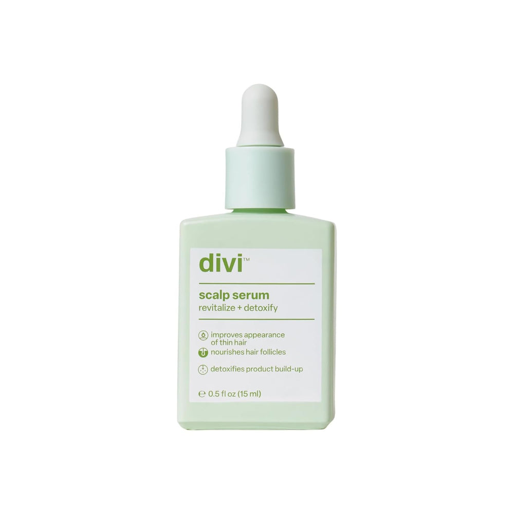 Divi Scalp Serum bottle close-up highlights nourishing formula for healthier scalp and fuller-looking hair