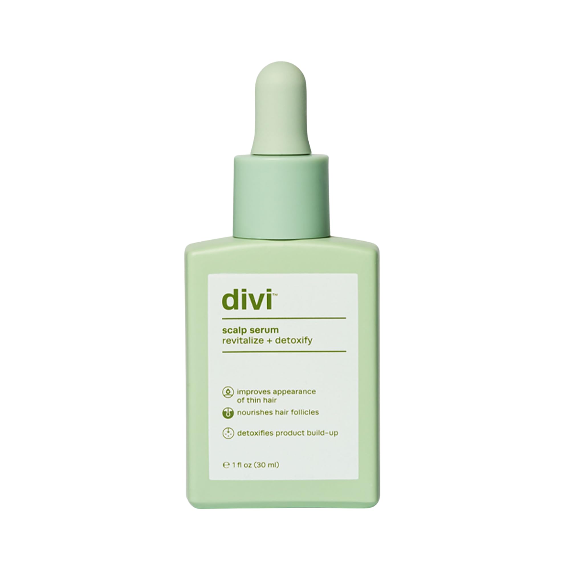Divi Scalp Serum bottle dispensing for precise scalp application and nourishment.