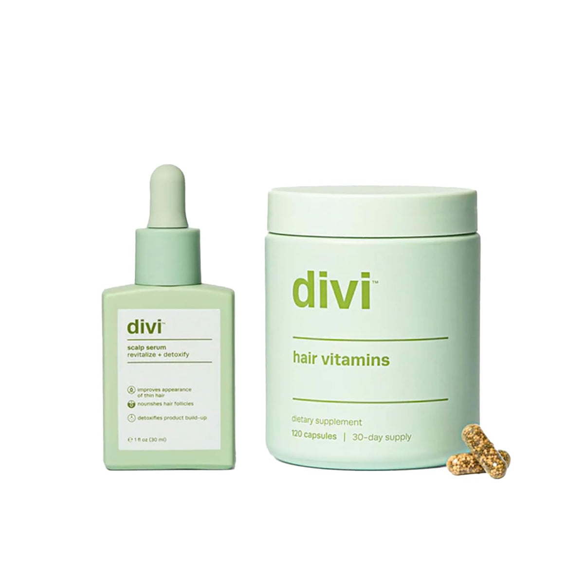 Divi Scalp Serum bottle demonstrates hydrating formula for a comfortable scalp.