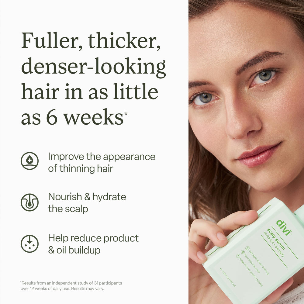 Divi Scalp Serum amino acids concept highlighting scalp nourishment and healthy-looking hair