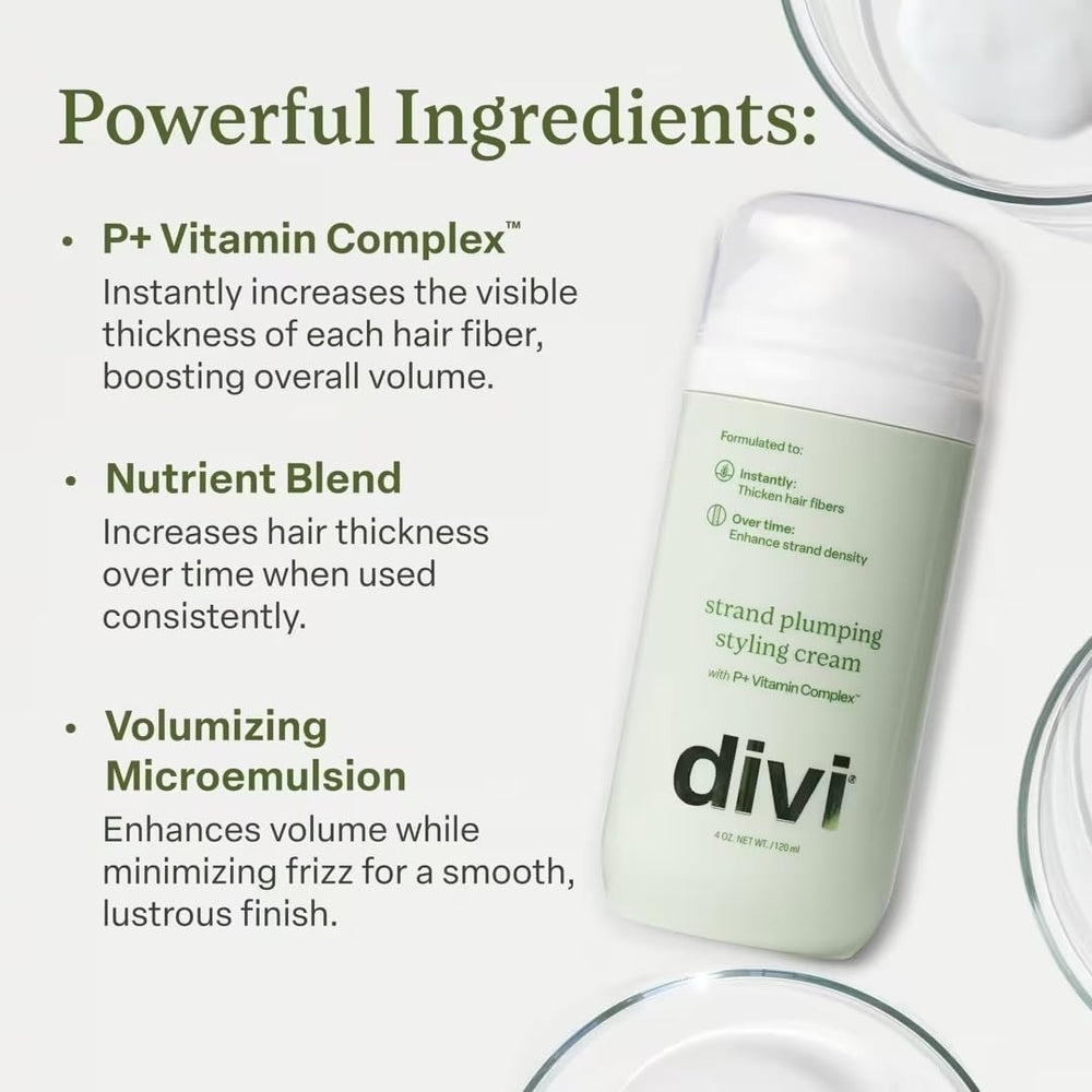Divi Strand Styling Cream beside a heat protection icon indicating built-in shield.
