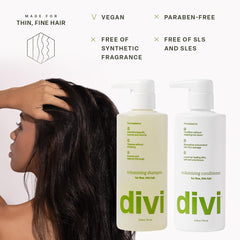 Divi conditioner bottle tilt demonstrates smoothing for soft, manageable hair