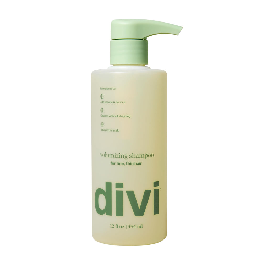 Divi volumizing shampoo bottle close-up highlighting lightweight body for fine hair