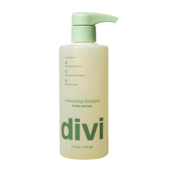 Divi volumizing shampoo bottle close-up highlighting lightweight body for fine hair