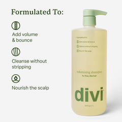 Divi Volumizing Shampoo bottle pour demonstrates easy application for cleansing.