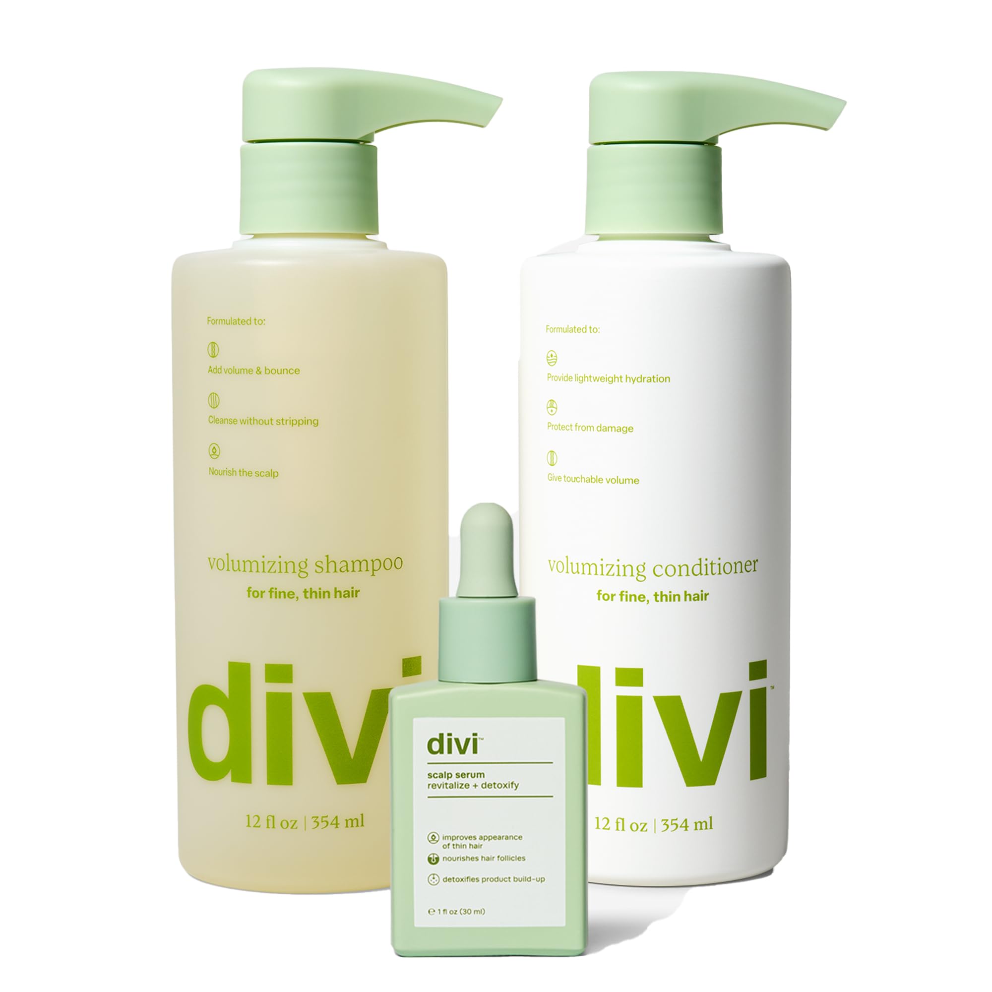 Divi volumizing shampoo bottle adds lift for fuller-looking hair.