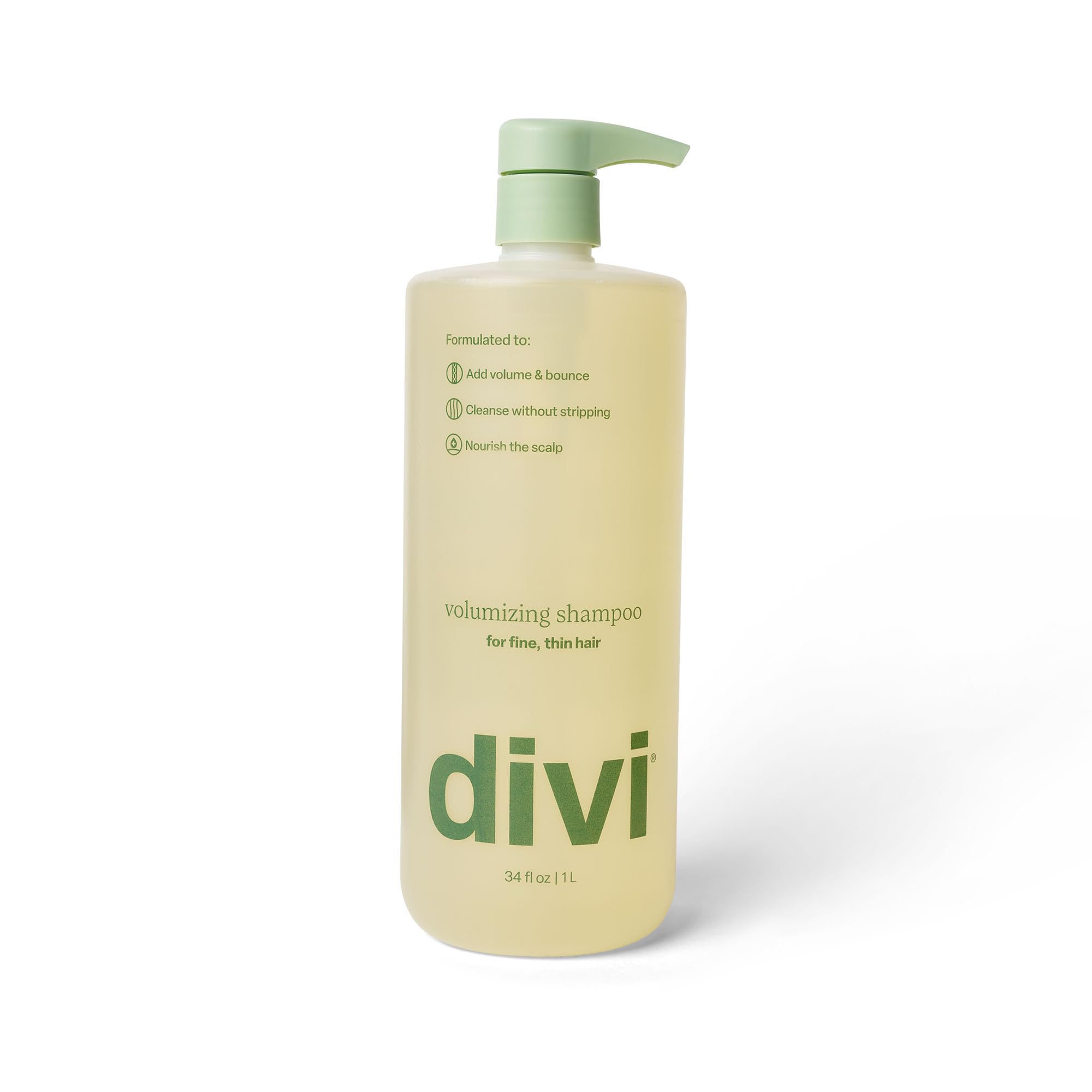 Divi Volumizing Shampoo bottle shows lightweight volume for fine hair.