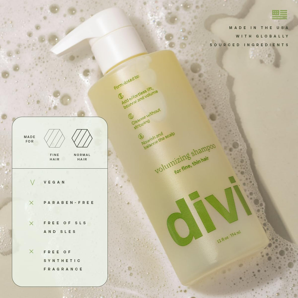 Divi volumizing shampoo green tea ingredients close-up emphasizing nourishment