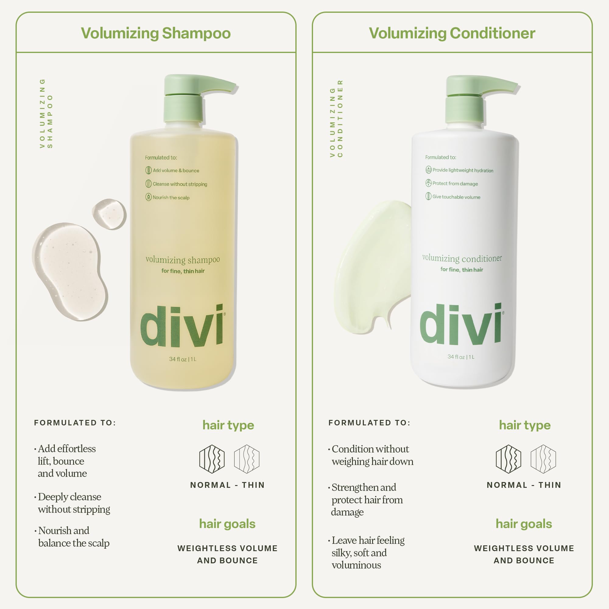 Divi Volumizing Shampoo ingredients highlight green tea and tea tree for scalp balance.