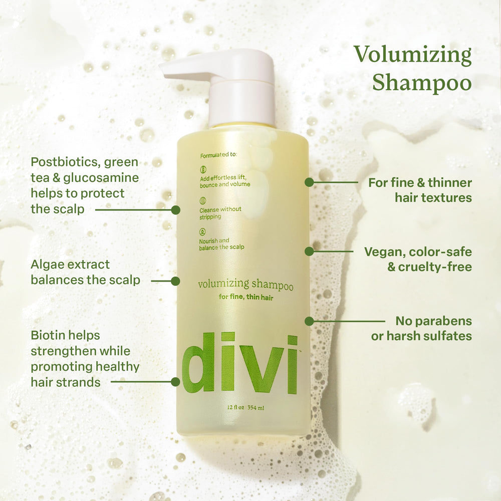 Divi volumizing shampoo rich lather shot showing clean scalp and lift