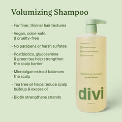 Divi Volumizing Shampoo lather close-up highlights rich foam for clean feel.