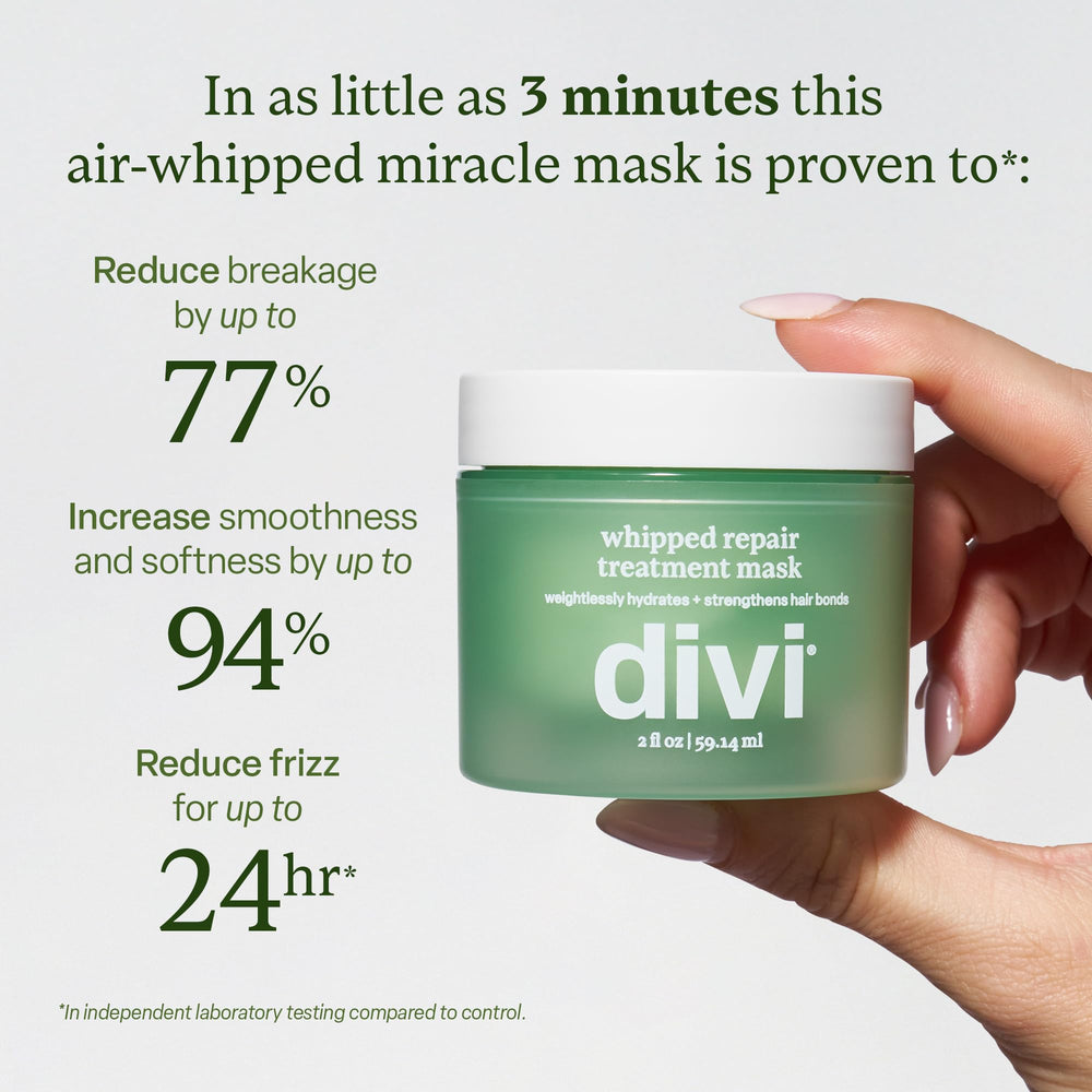 Divi Whipped Repair Mask application scoop reveals creamy texture for easy, manageable hair.