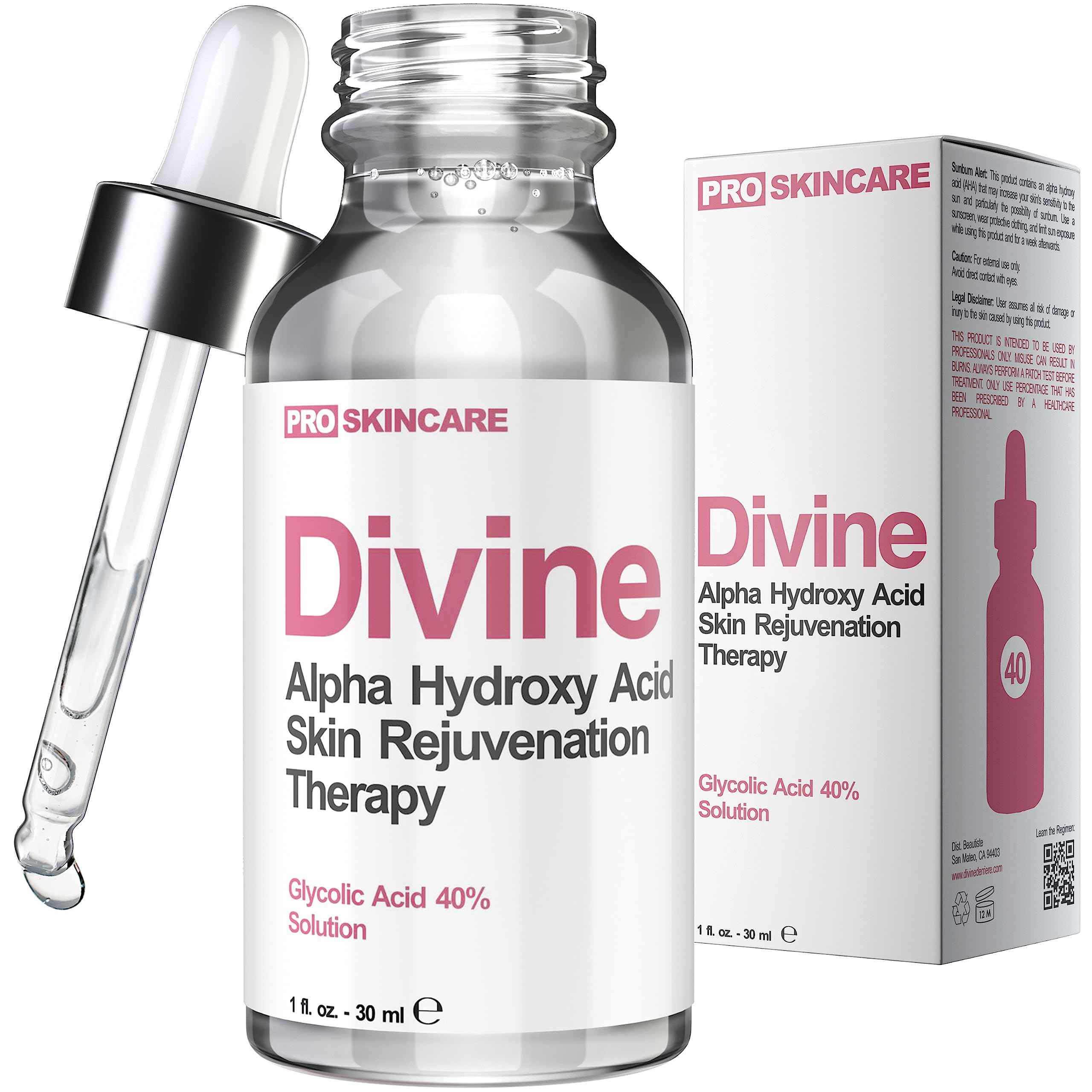 Divine Derriere Glycolic Peel 40% bottle close-up for smoother skin texture
