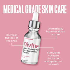 Divine Derriere glycolic peel dispense image suggests easy at-home use.