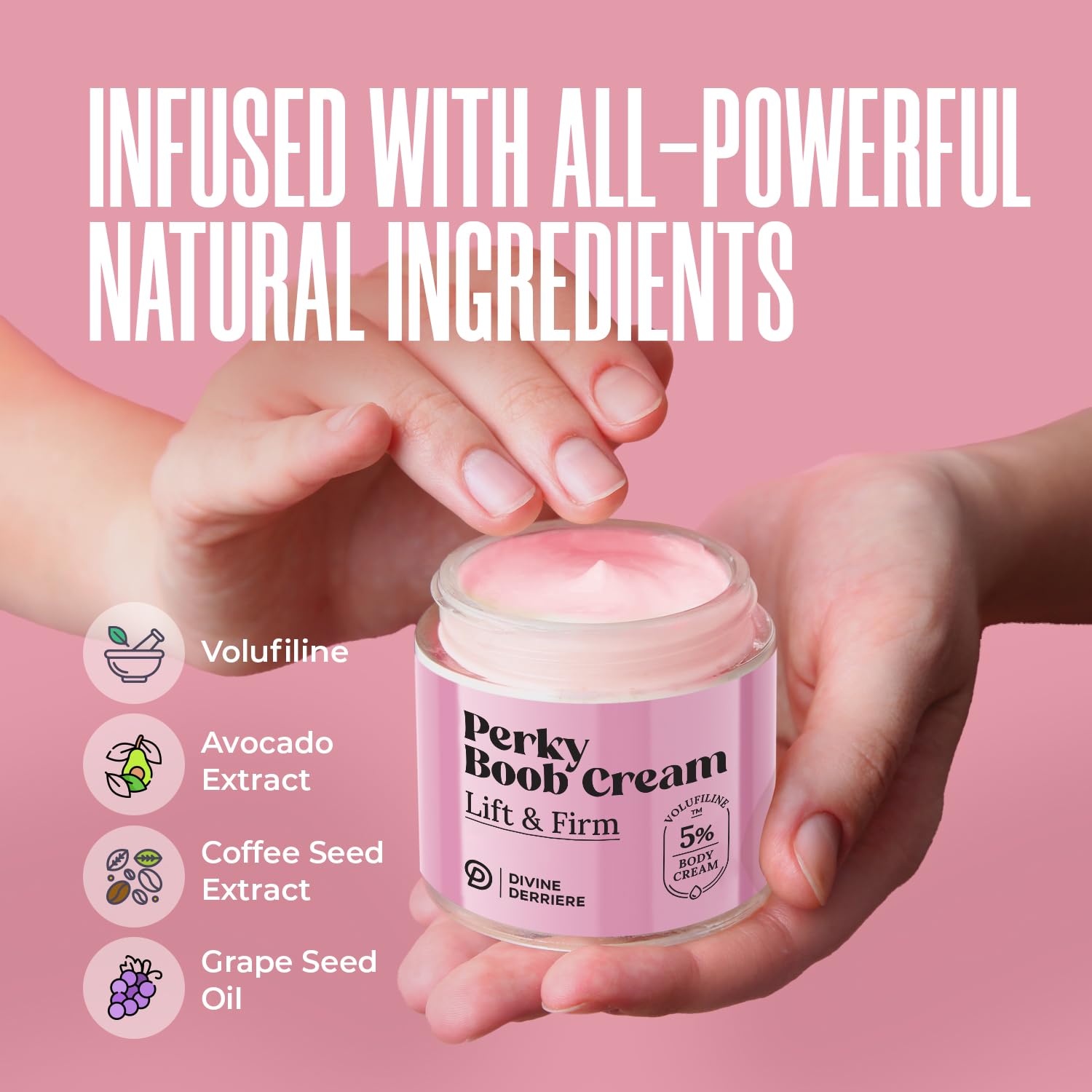 Divine Derriere Perky Body Cream applied on arm shows fast-absorbing texture.